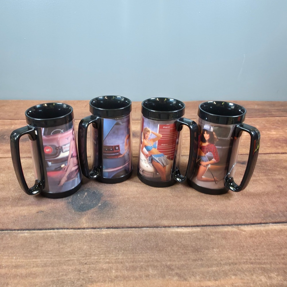 Snap-on Thermal Mugs Set of 4 Black Good Vintage Pinup Girl Automotive Steins